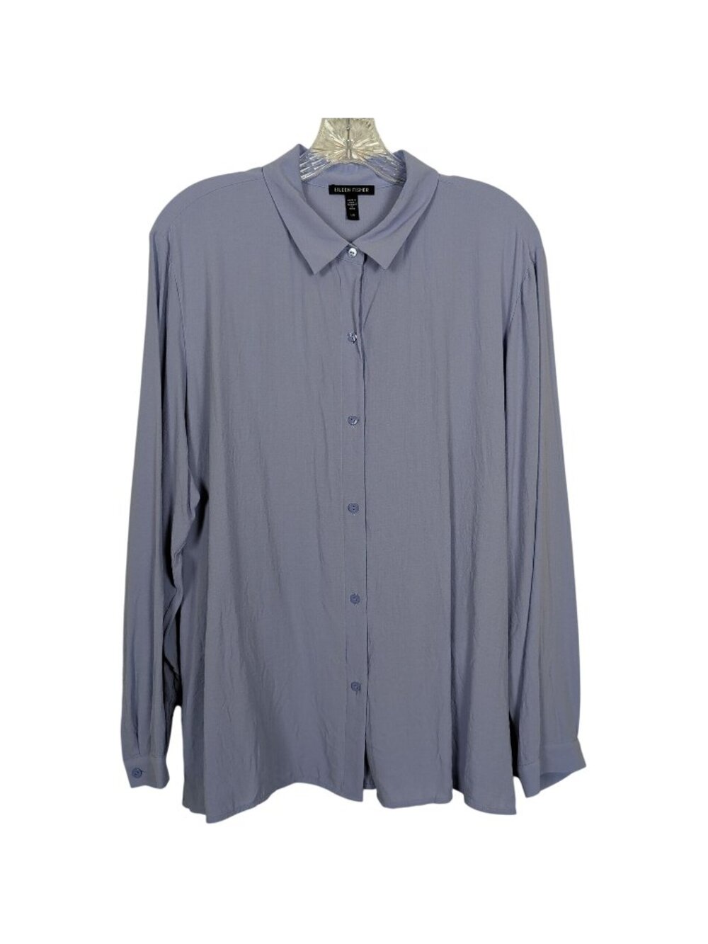 Eileen Fisher Silk Blouse Womens L Purple Button Front Long Sleeve Minimalist